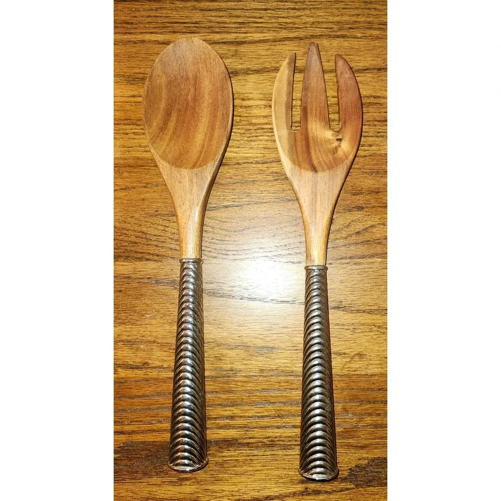 Reed & Barton Wood and Silver Tone Metal Ribbed Handle Salad Servers Set of 2